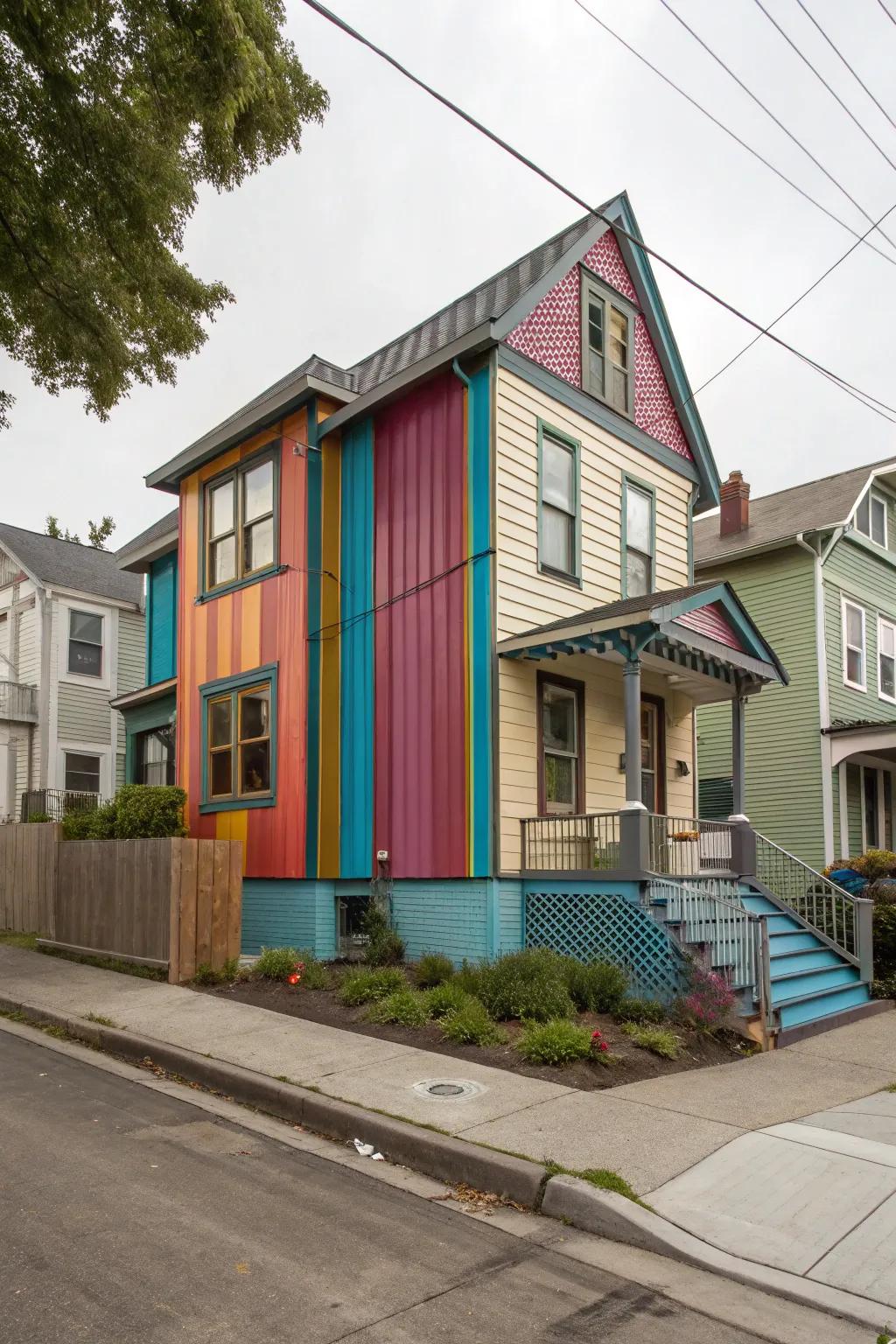 An artistic neighborhood home featuring vibrant accent panels of metal cladding for a bold design.
