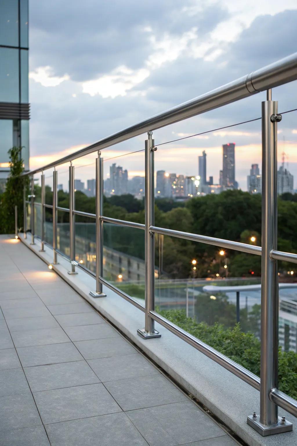 Minimalist unbreakable steel balcony railings offering city skyline views