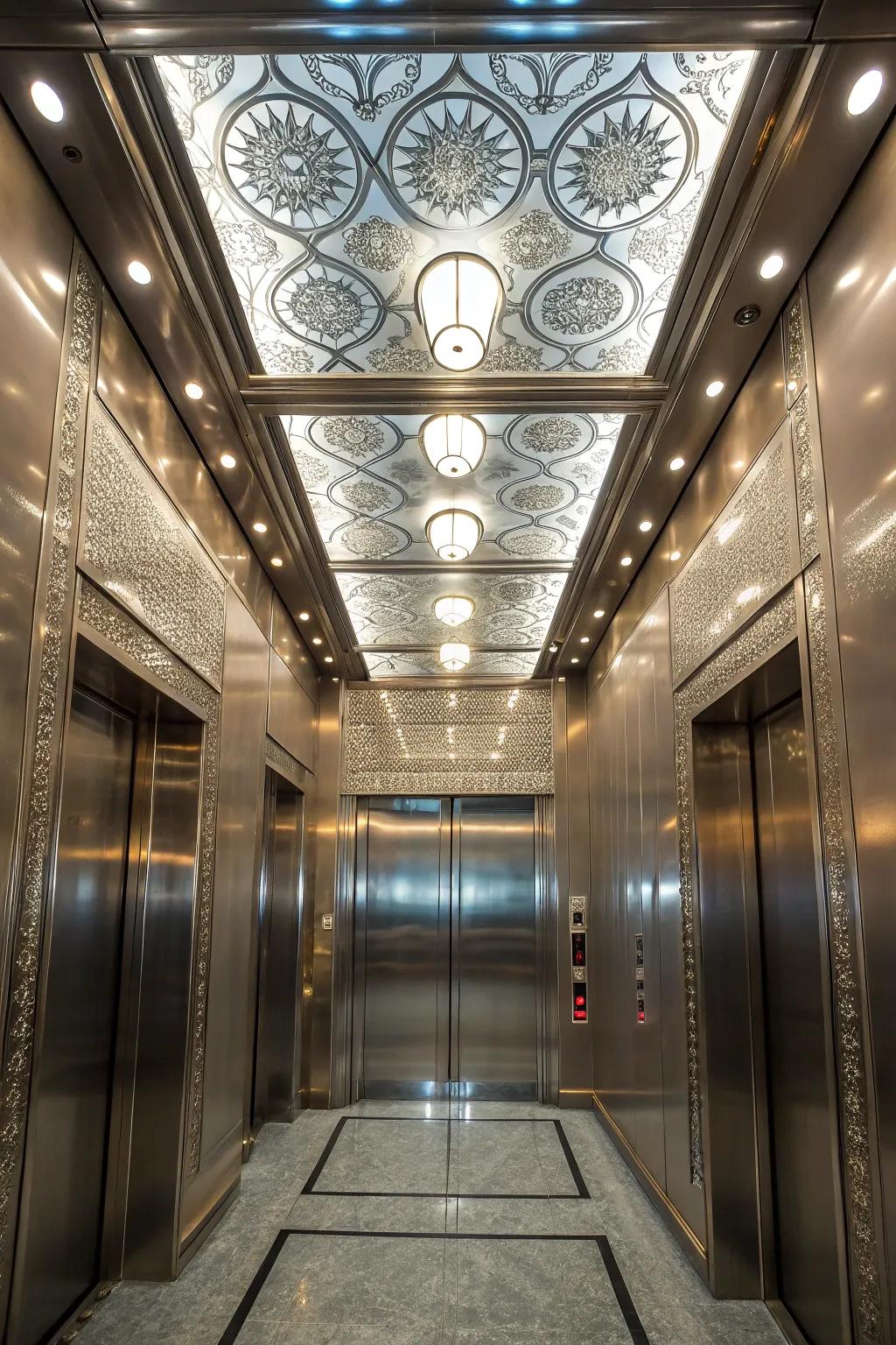 An elevator interior incorporating an accent top for a theatrical accent.