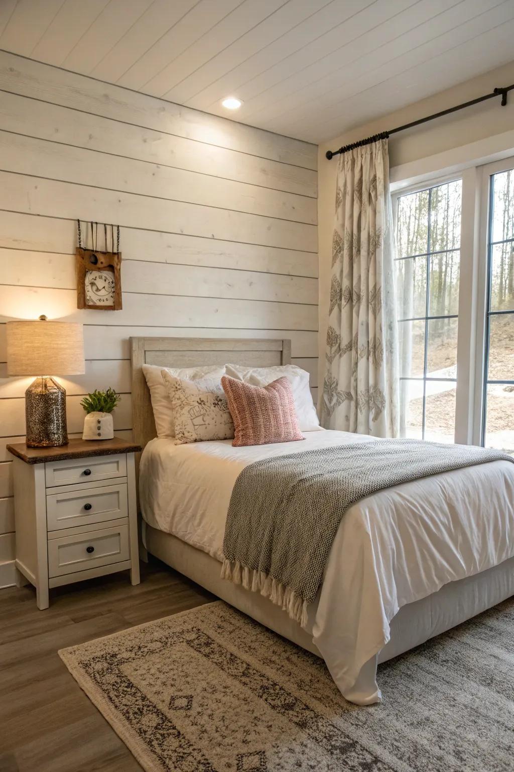 Paneled walls add texture and farmhouse elegance to this guest bedroom.