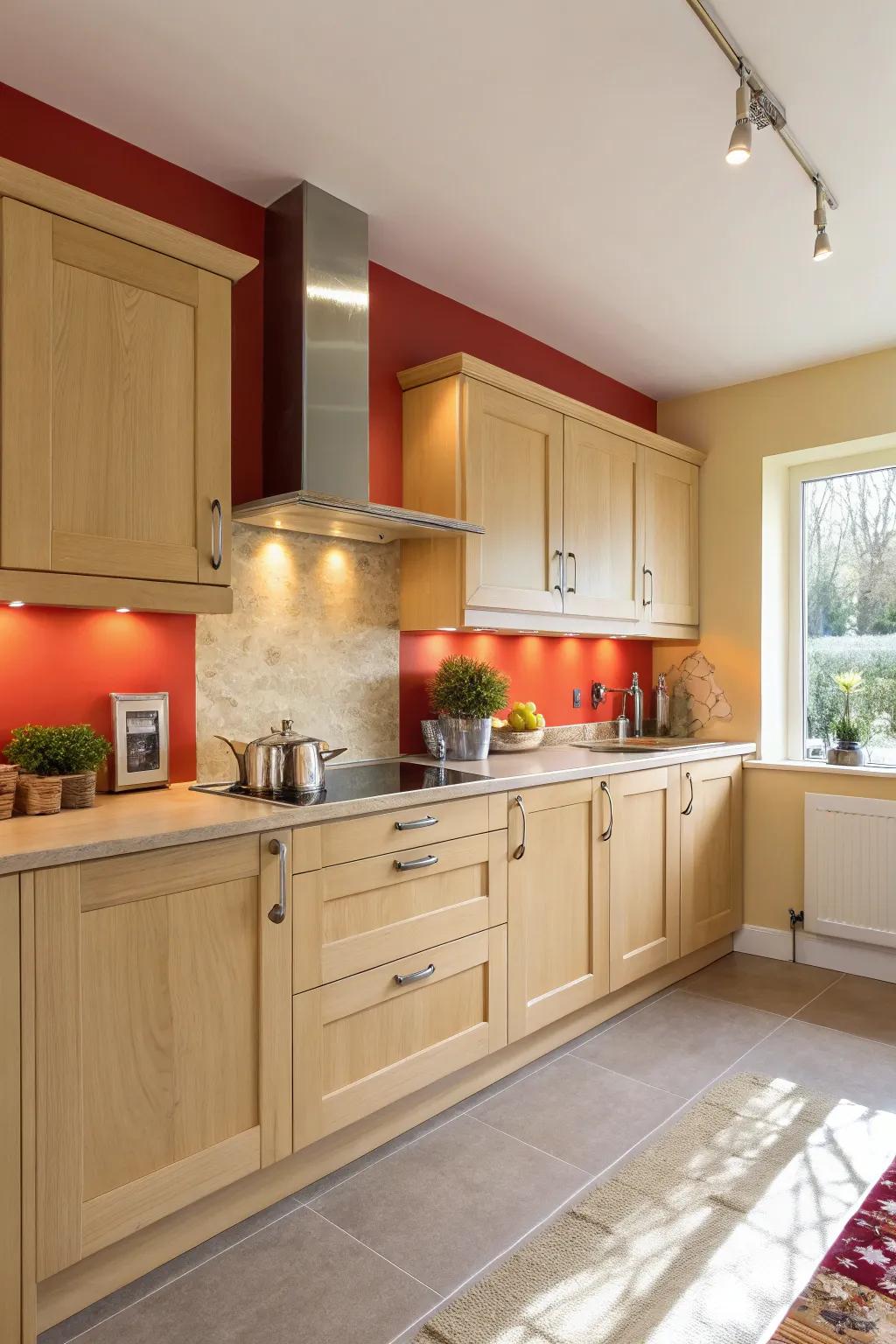 A bold accent wall adds a dynamic contrast to cream-colored pecan wood cabinets.