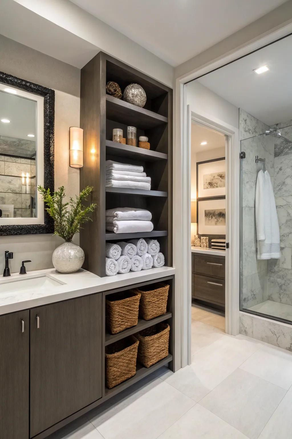 Exposed racks merge style with practical storage solutions.