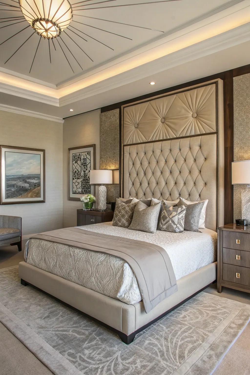 A statement bedframe serves as the focal point in this modern bedroom.