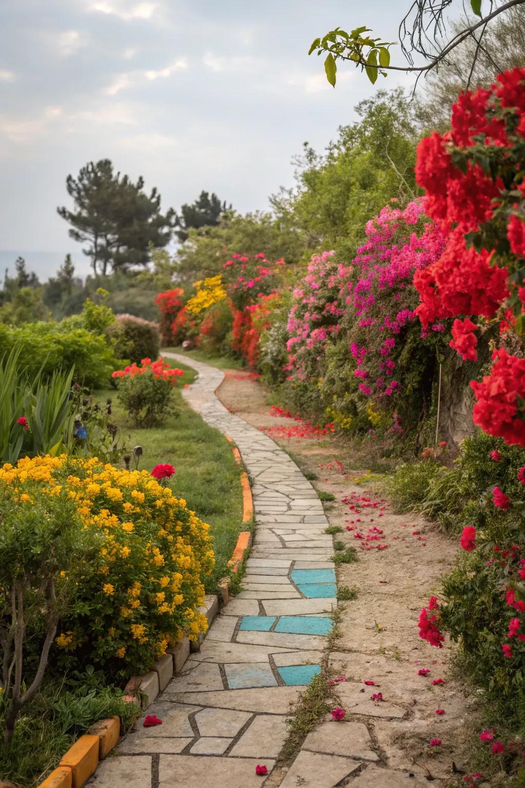 A garden path that stands out by adding strong colors, adding energy to the space.