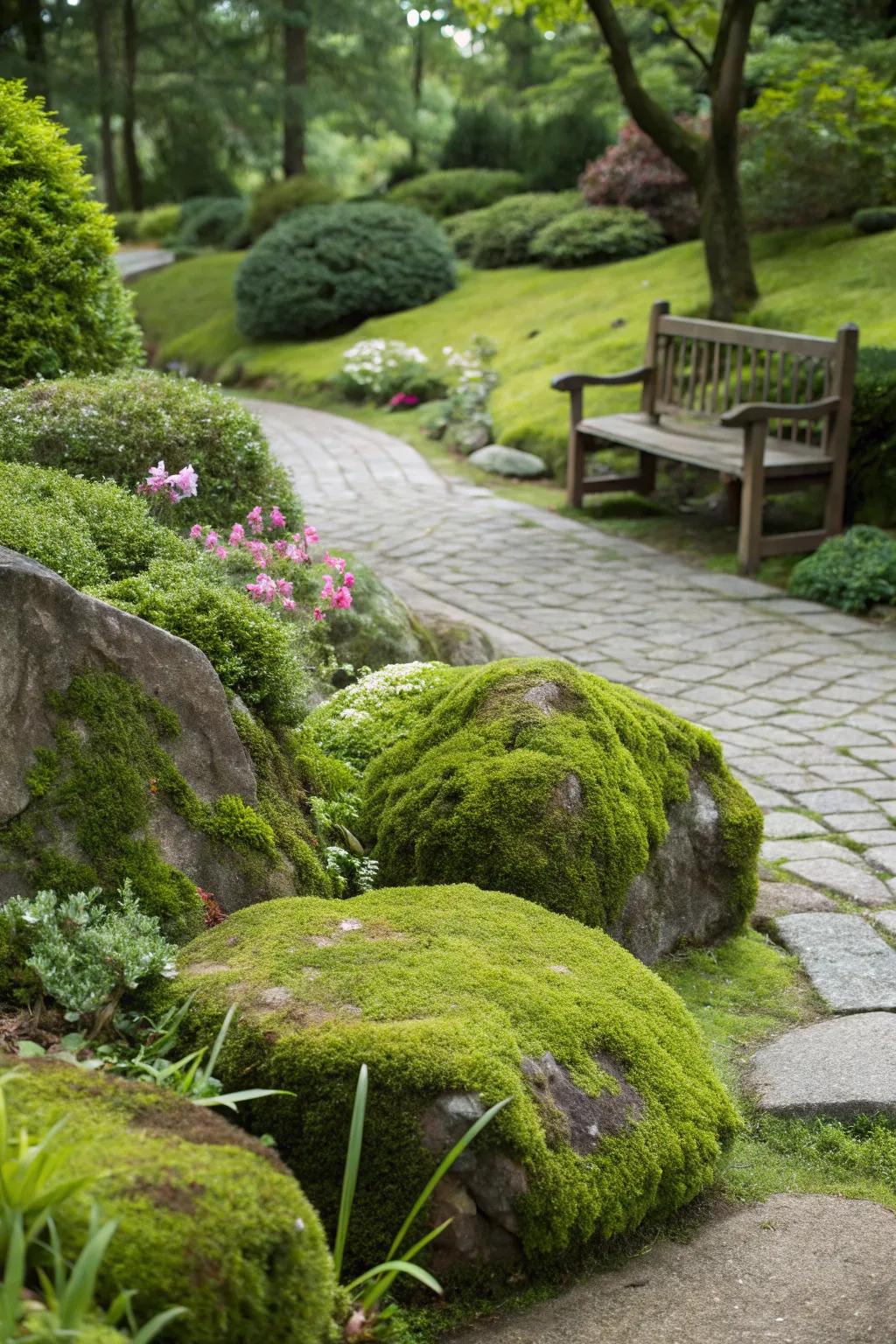 Stones and moss fashion a harmonious and serene garden scene.