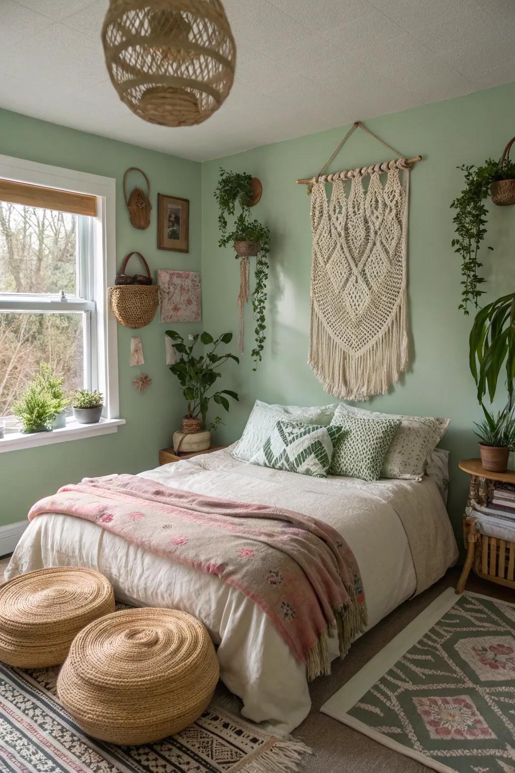 Mixed boho touches with avocado-toned create a laid-back, artistic vibe.