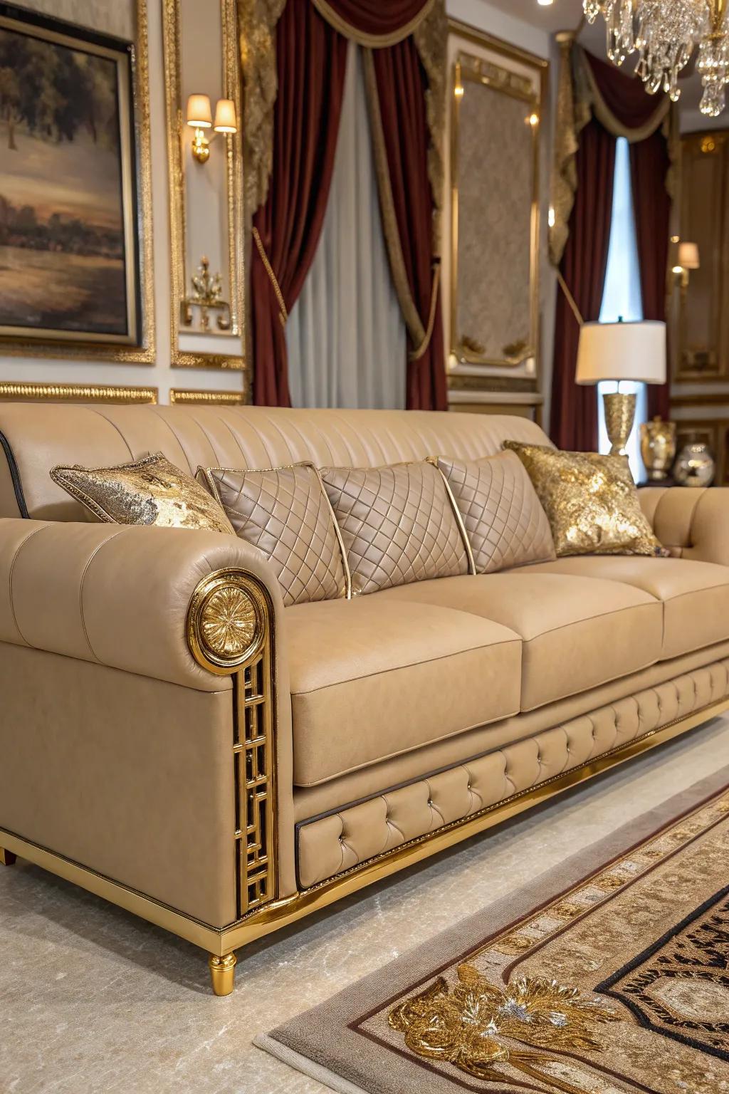 Metallic accents bring glamour to a lounge area featuring a fawn hide couch.