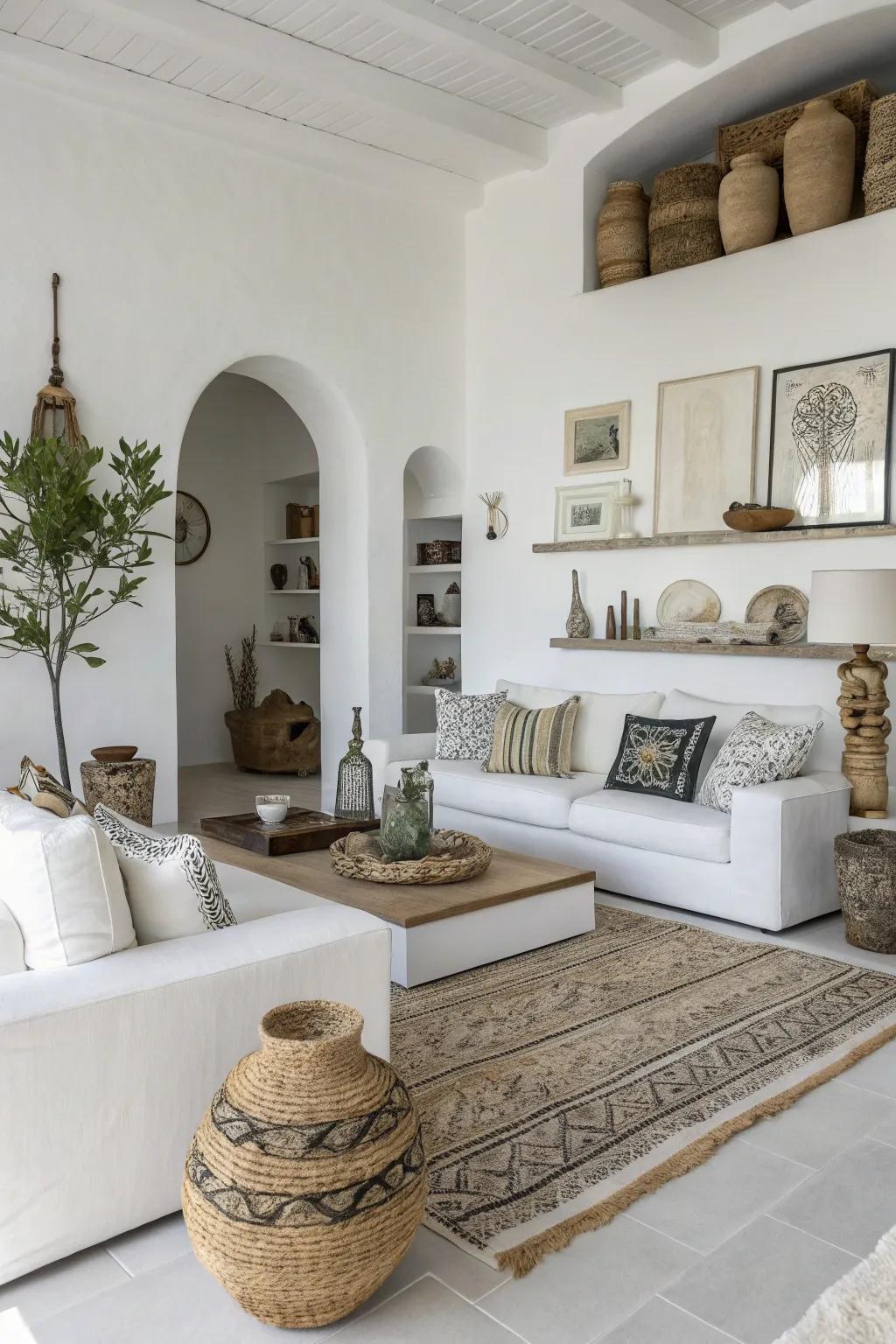 Experimenting with scale contributes drama to a contemporary white lounge.