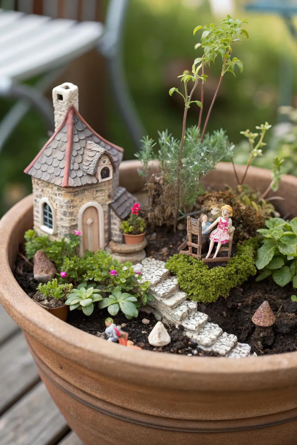 A whimsical pixie alcove nestled within a flower pot.