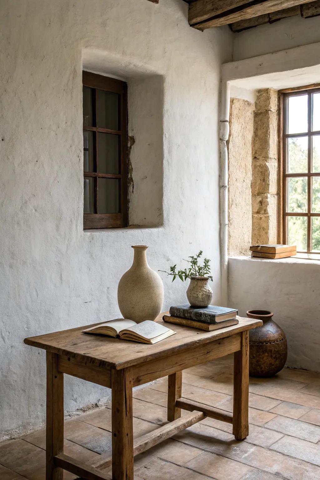 A serene minimalist room with high-quality country touches.