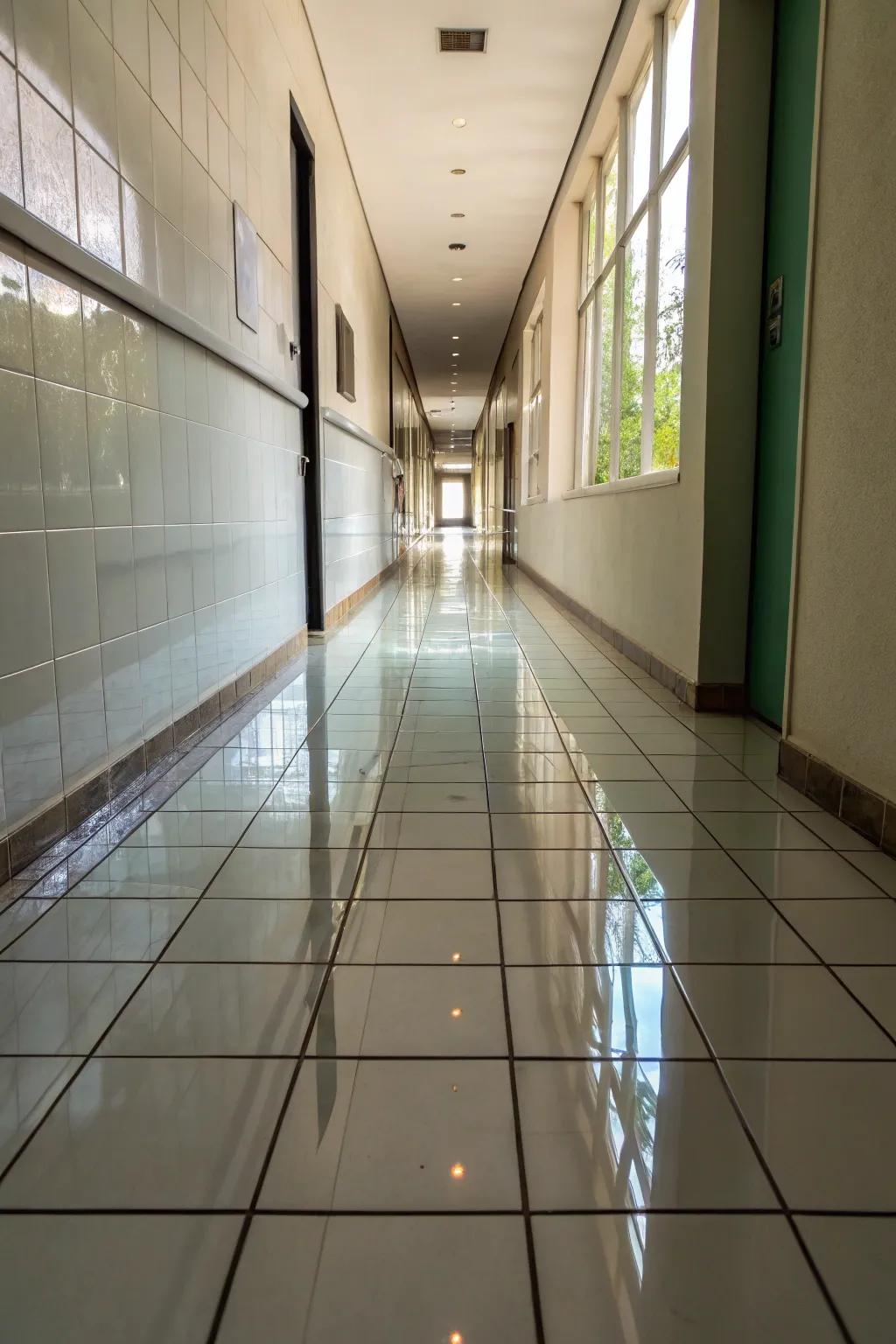 Crystalline tiles add brightness and a streamlined finish to slender hallways.