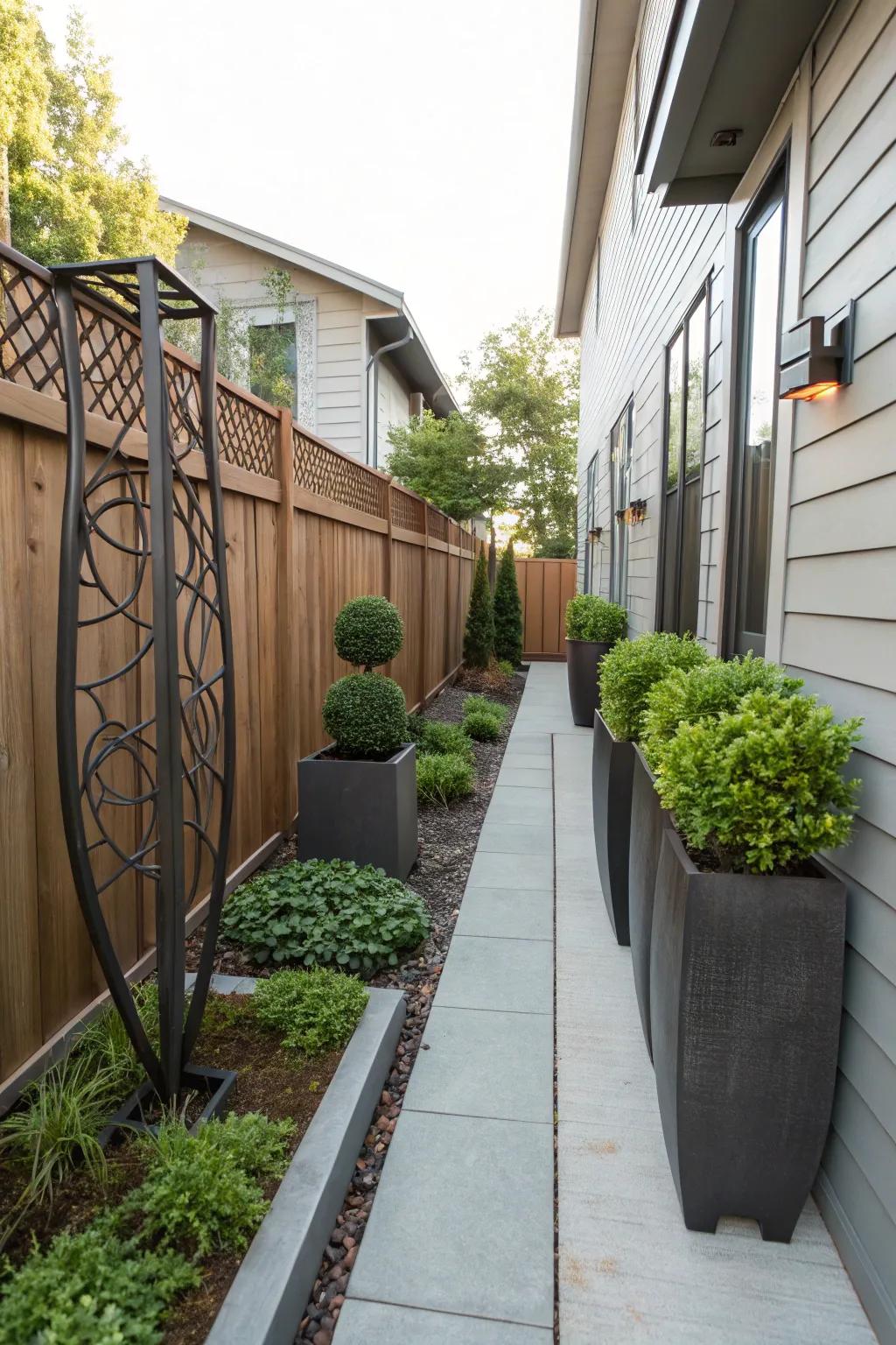 Metal details impart a modern and robust impression to narrow yards.