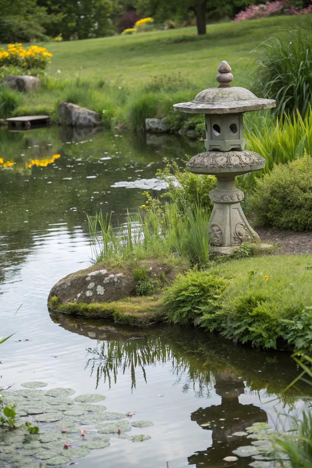 Artistry appends persona and a focal landmark to a water garden vicinity.