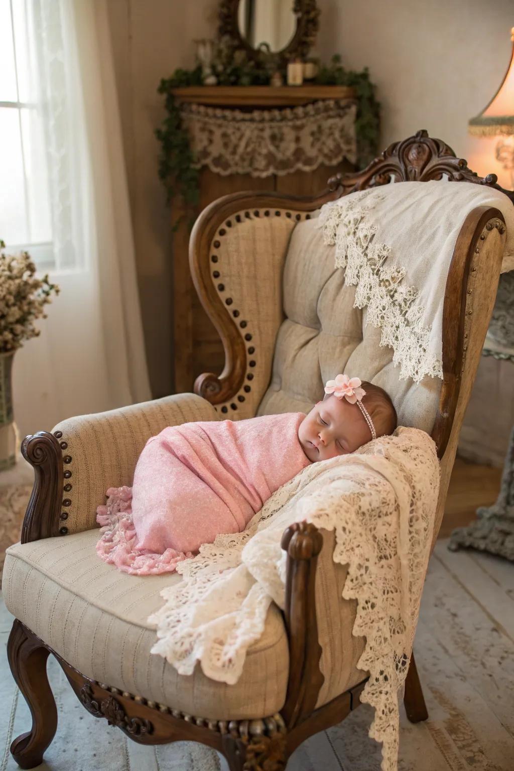 A vintage-inspired newborn photograph featuring nostalgic components.
