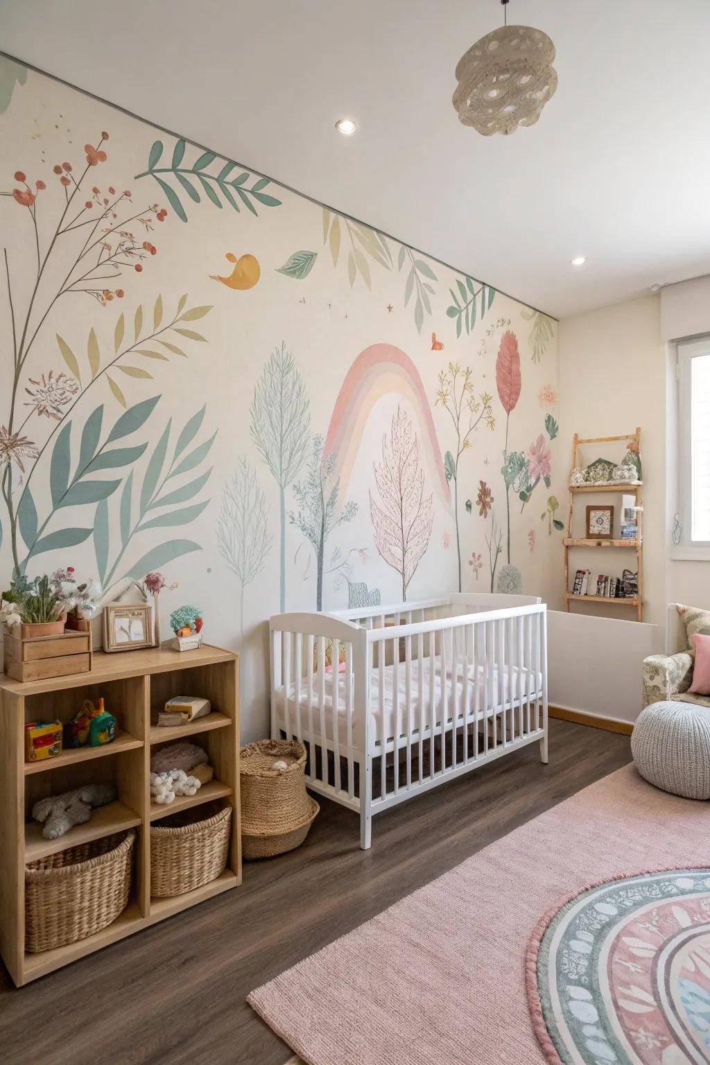 An enchanting nursery featuring a creative wall painting feature.