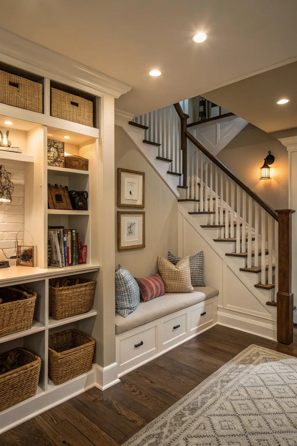 Space beneath staircases offers concealed potential for storage and creativity within the entryway.