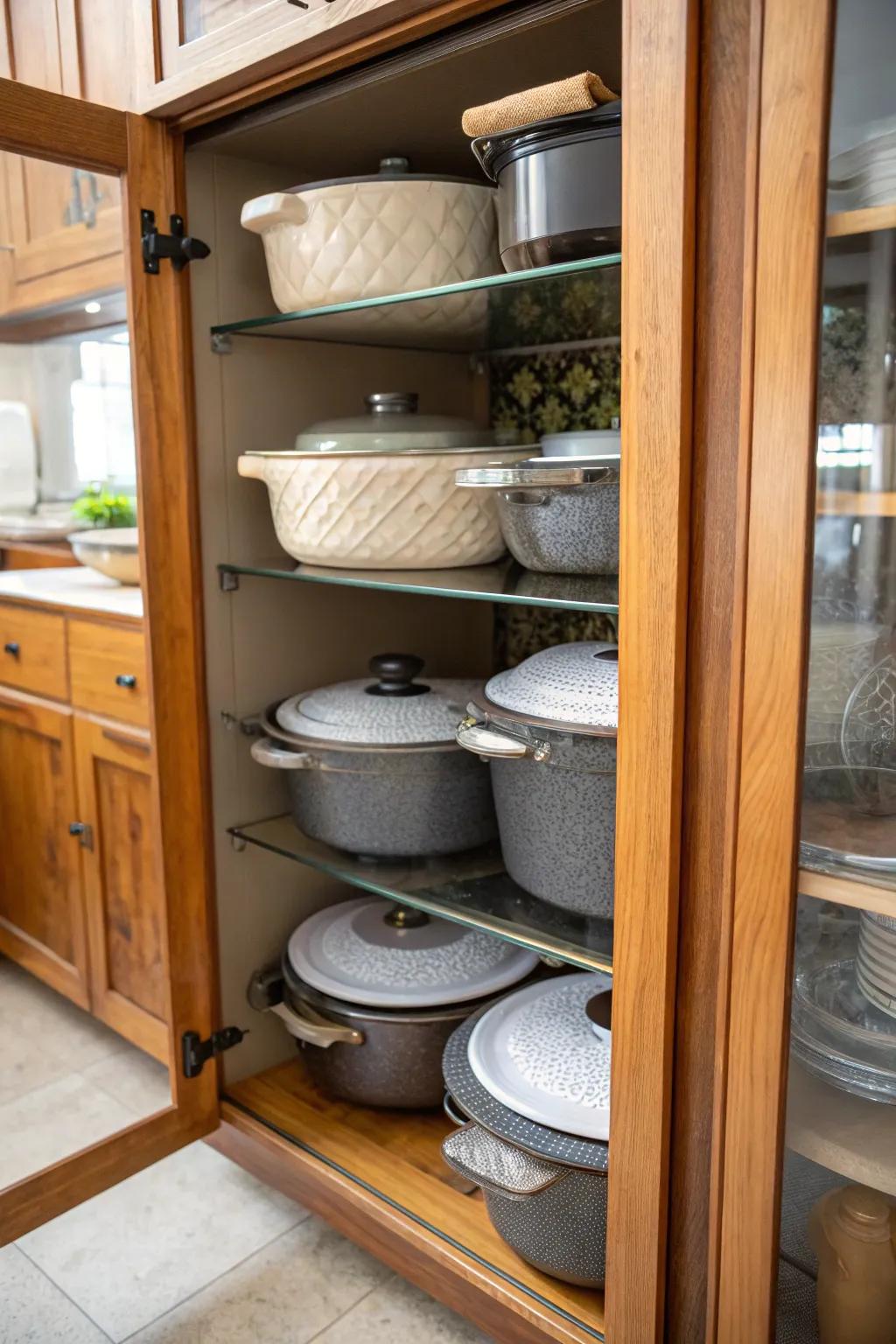 Smartly stacked cookware with protective layers to prevent damage.