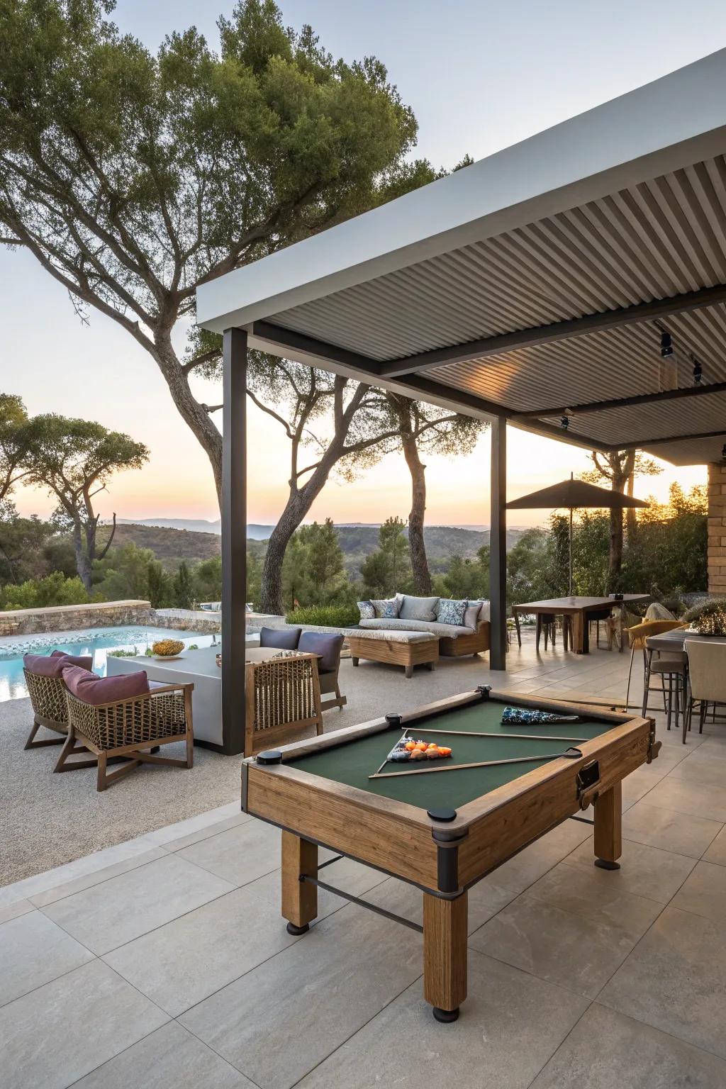 An adaptable outdoor game table area featuring flexible furnishings.