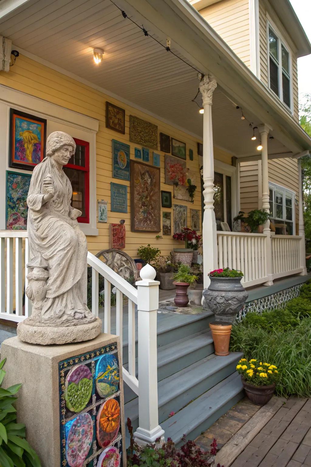 Artistic components append a personal accent to this creative porch.
