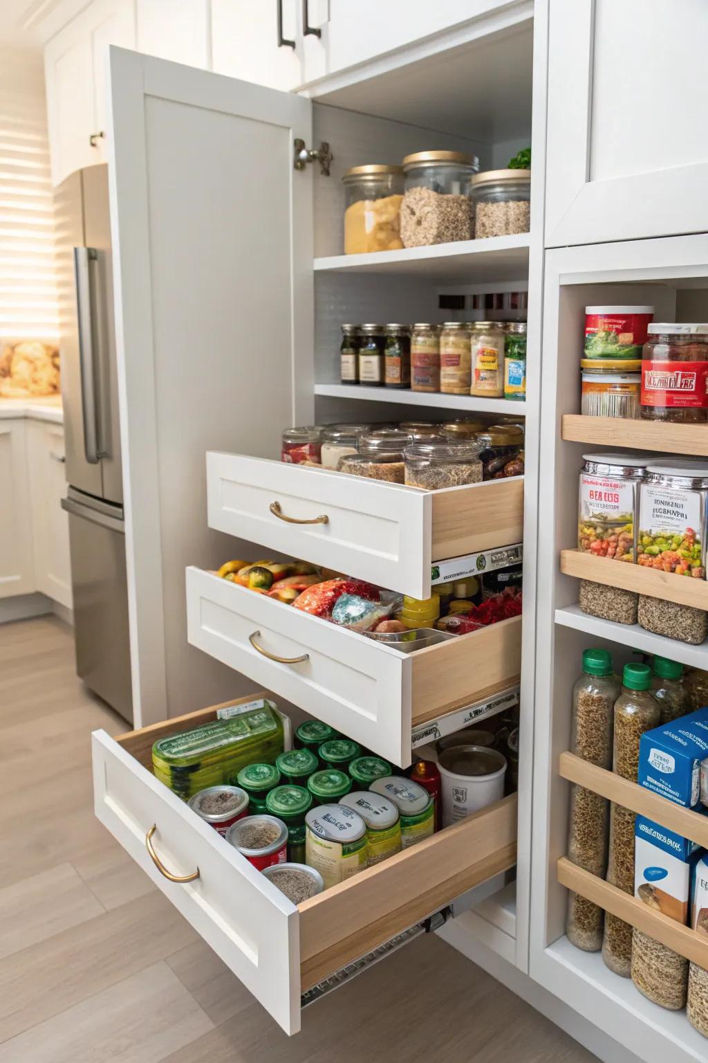 Pull-out drawers inside a pantry provide convenient access to articles at the back.