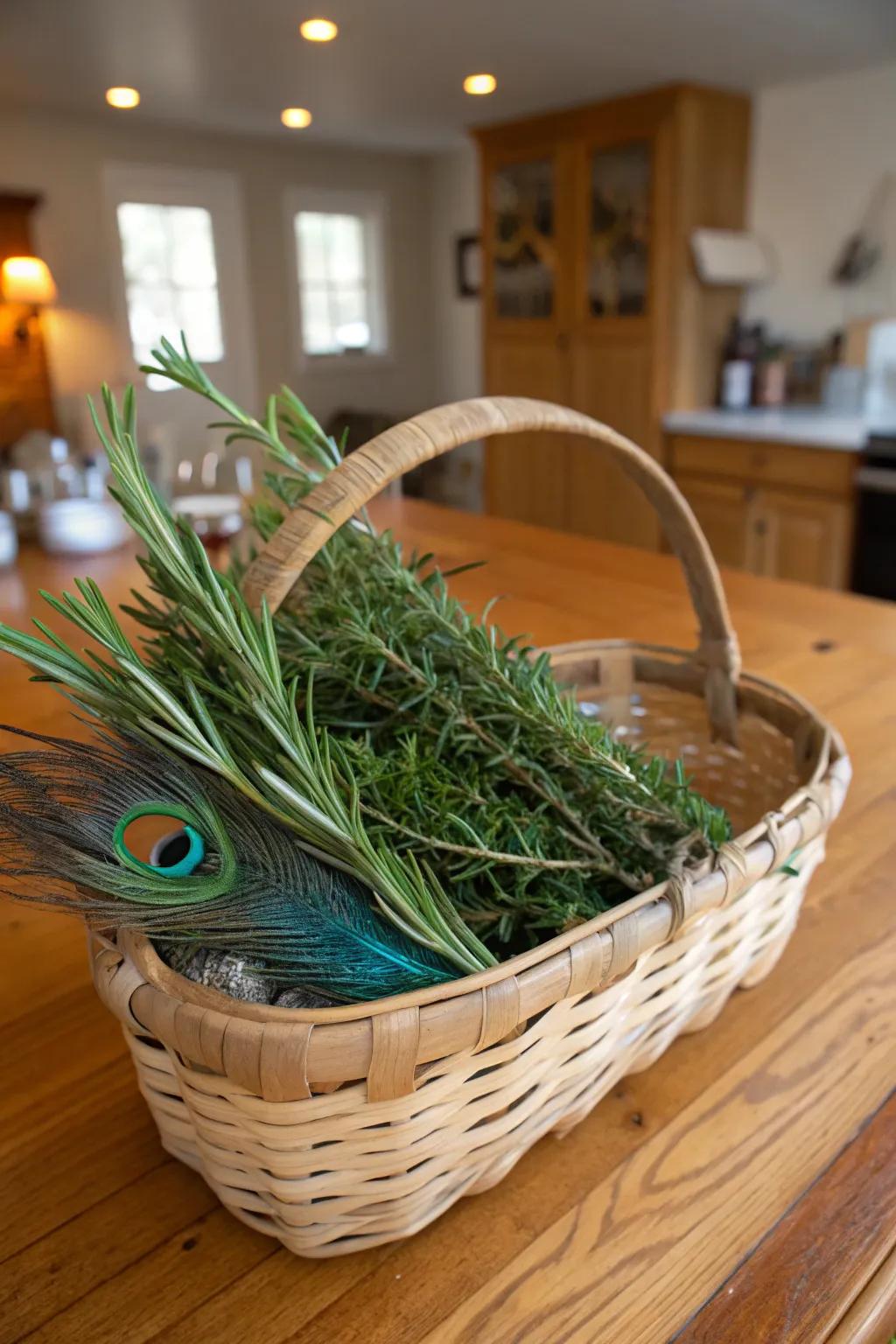 A sensory focal point featuring herbs and avian plumes.