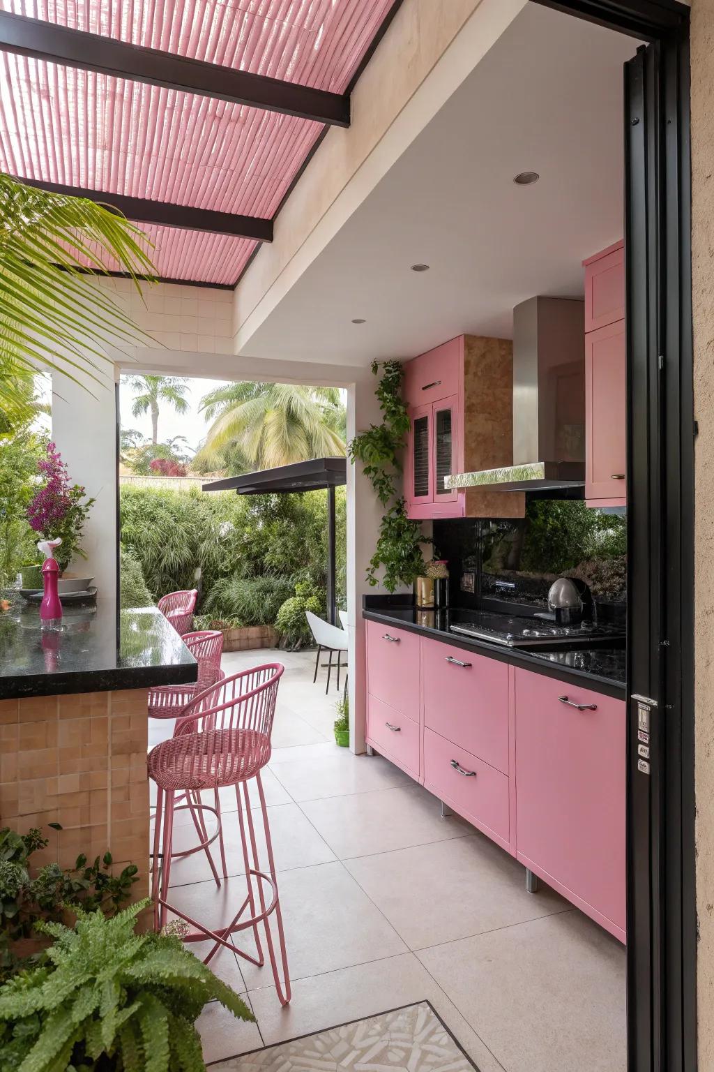 A cohesive color theme flows from the cooking area to the outdoor area.