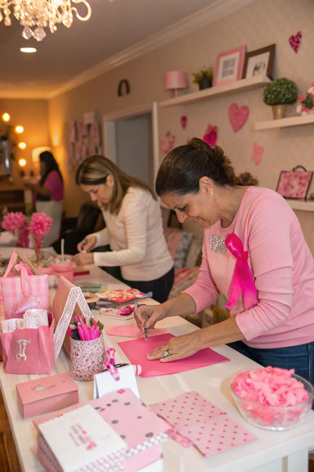 A DIY craft station allows guests to create pink-themed keepsakes.
