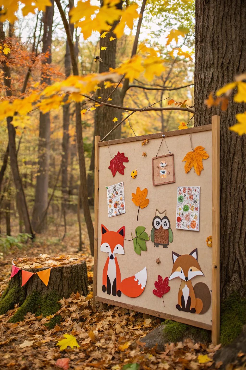 A beguiling fall display board exhibiting woodland denizens.
