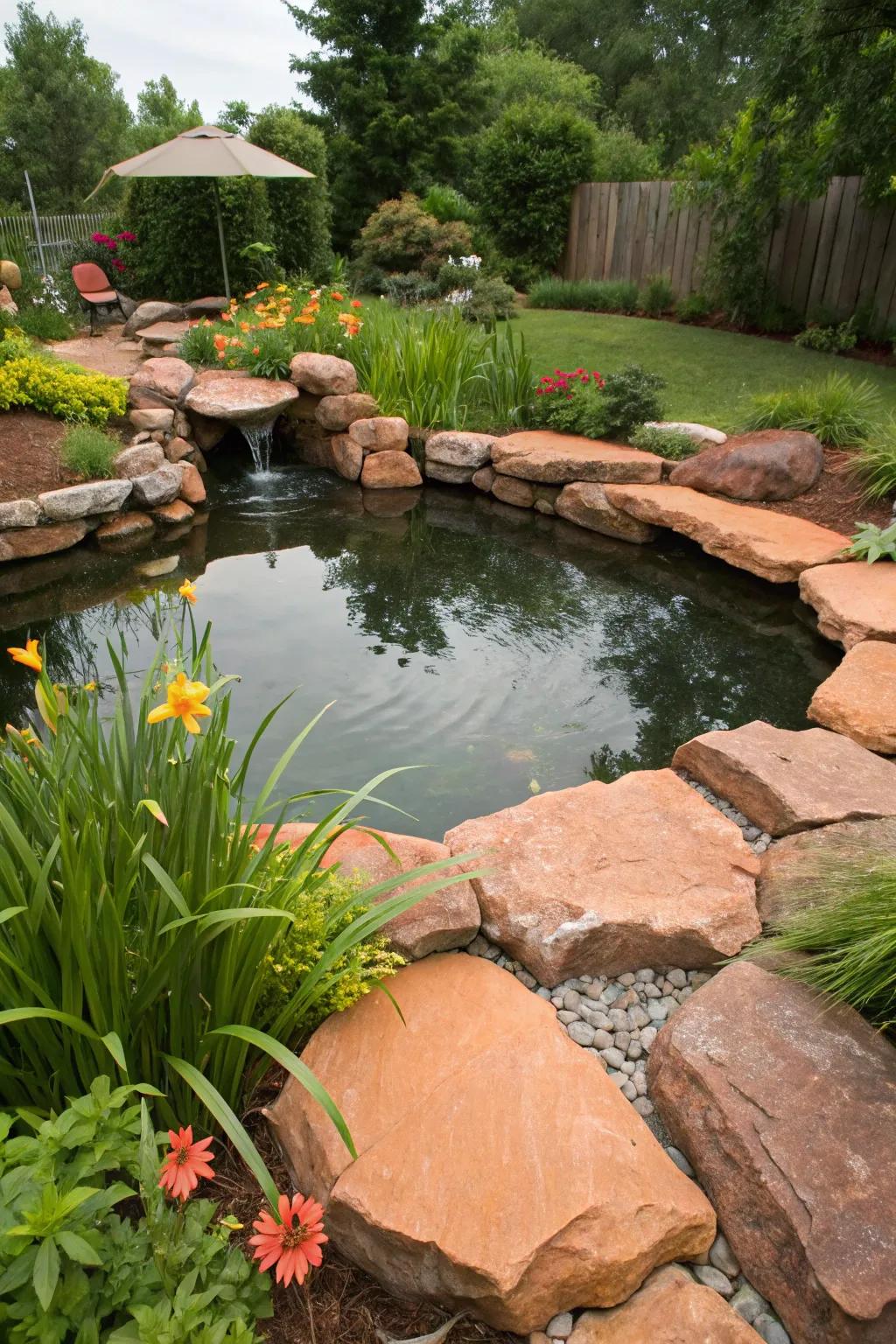 Earth-toned rocks add color to a backyard pond.