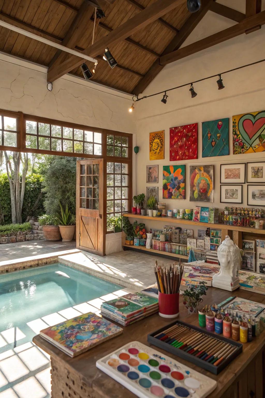 A pool house functioning as a peaceful creative getaway.