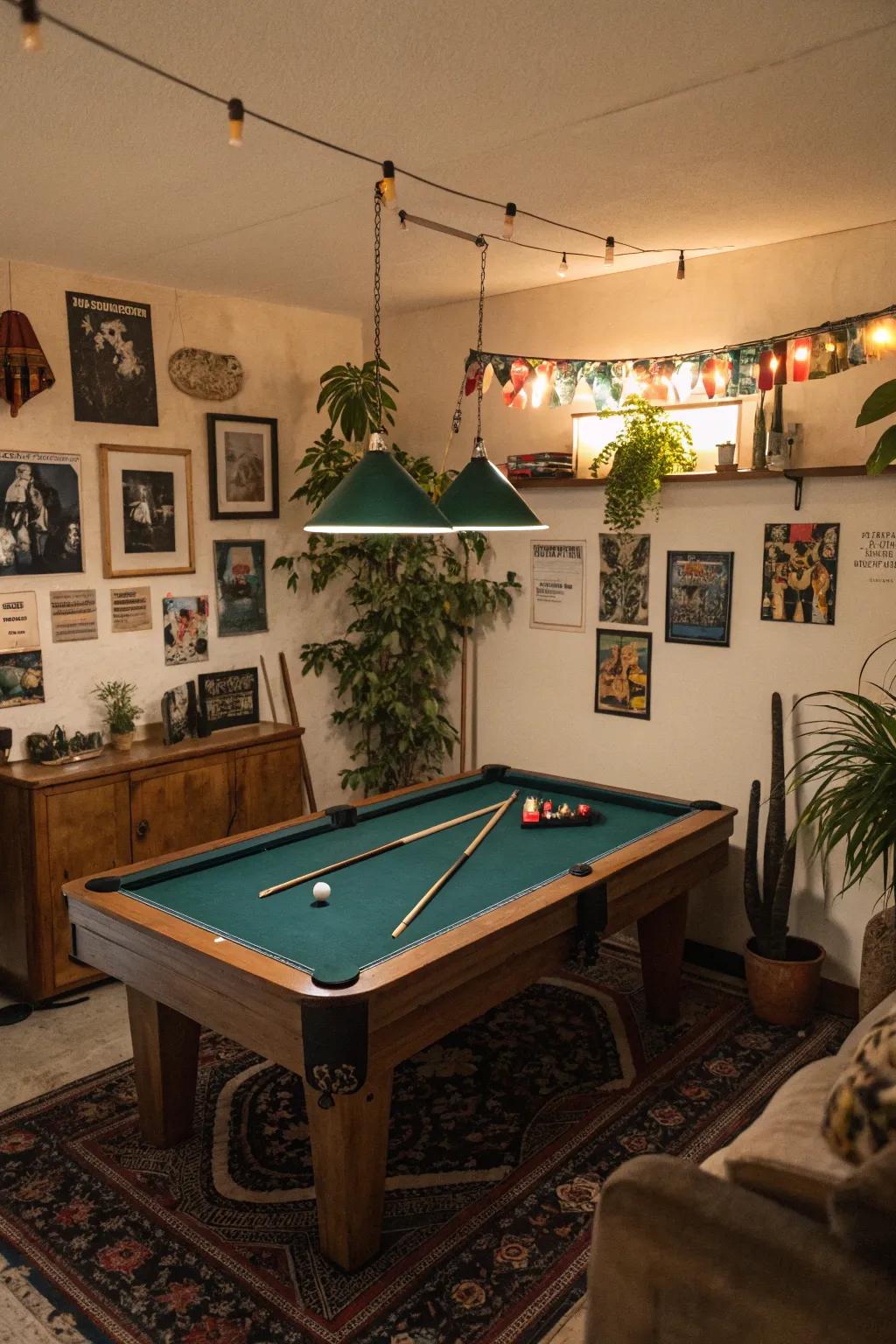 Personal touches make the small pool table room feel warm and inviting.