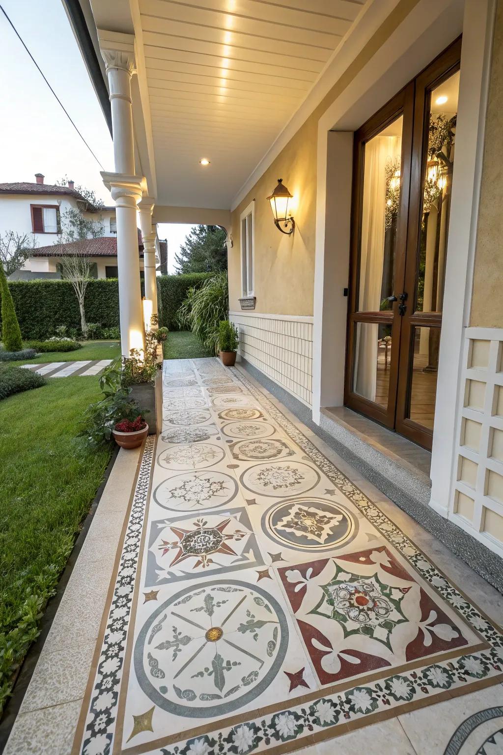 A porch expansion with artistic tile patterns.