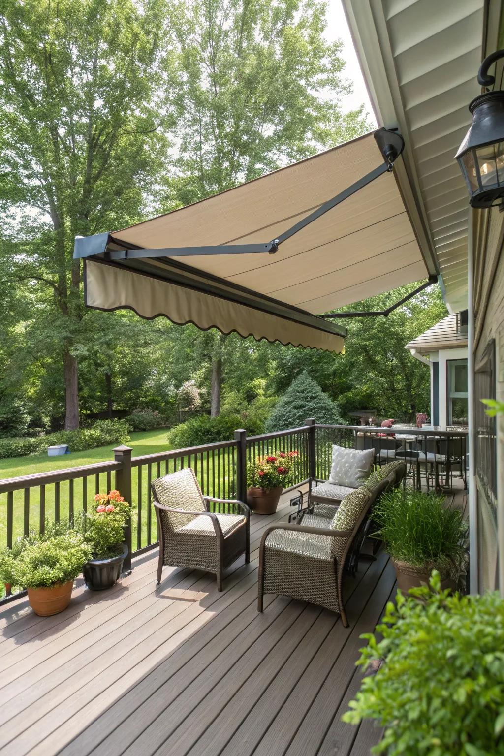 A retractable awning renders adaptable seclusion and shade.