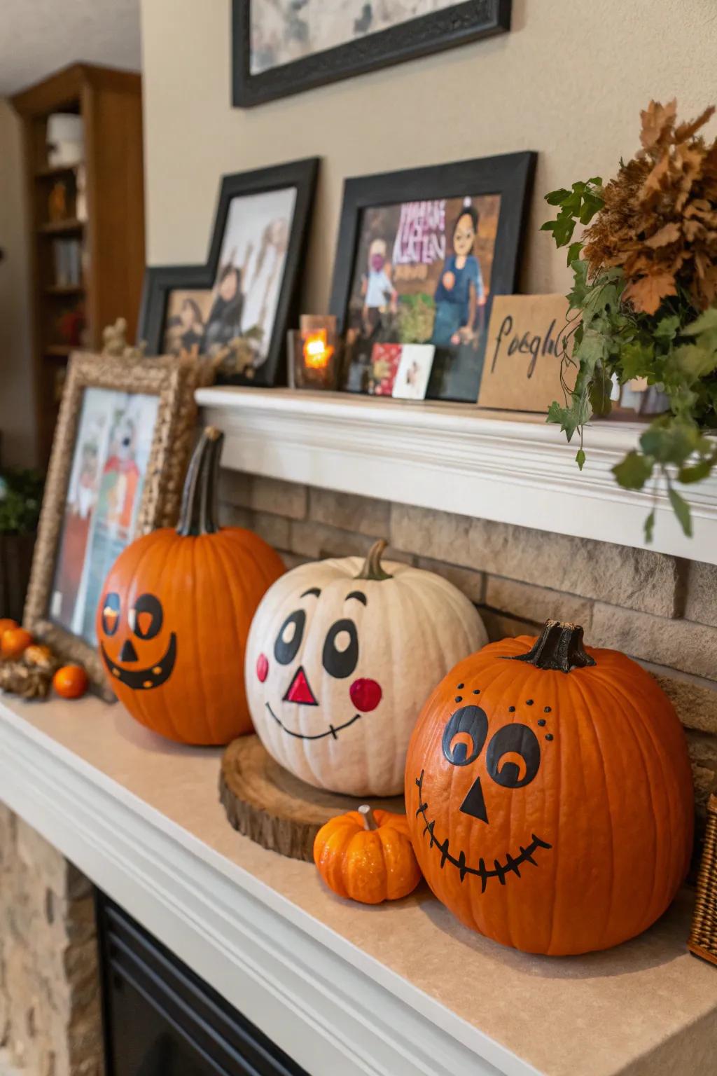 Pumpkins with painted faces and playful designs.
