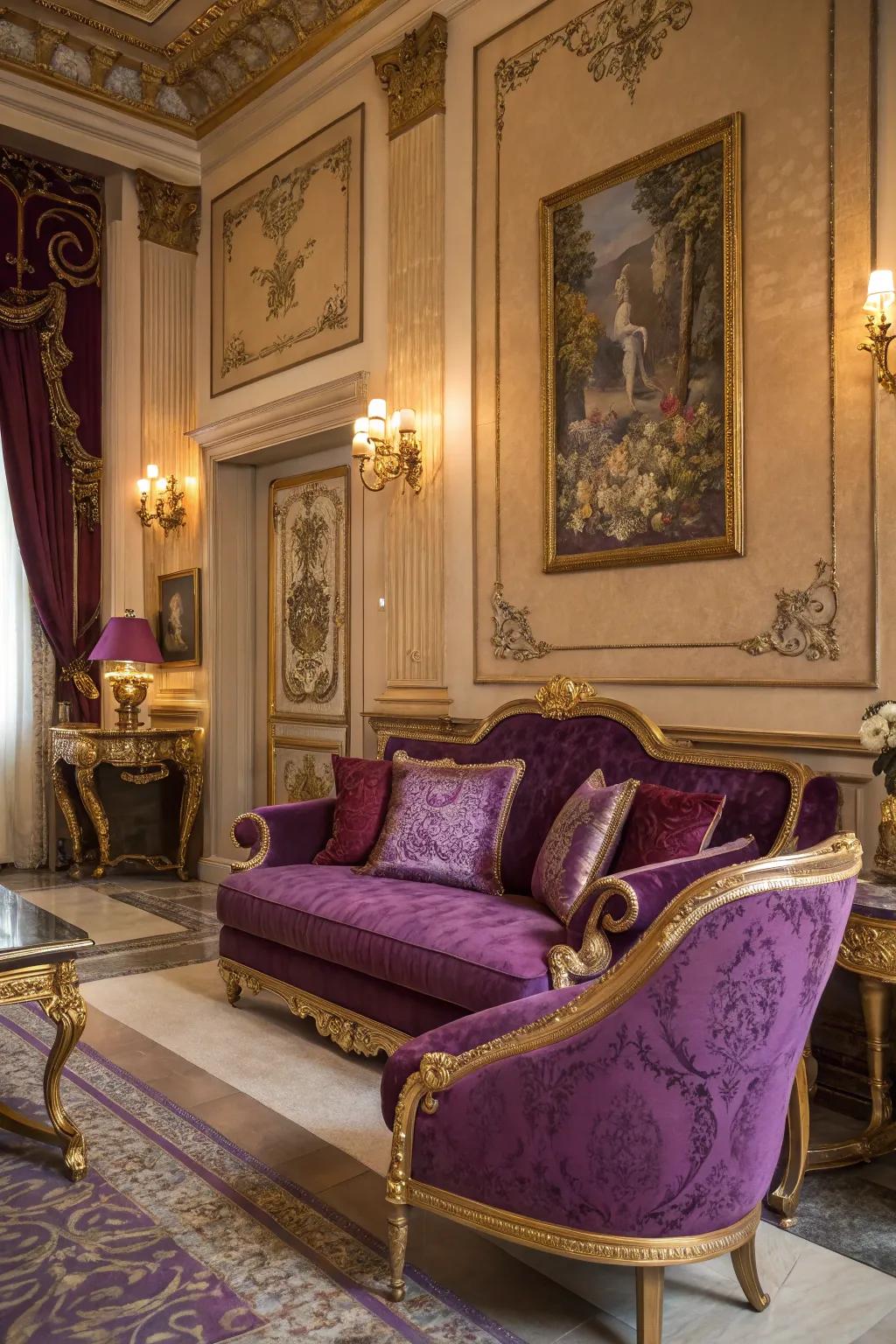 Silk and velvet textures in purple and gold add depth and luxury.