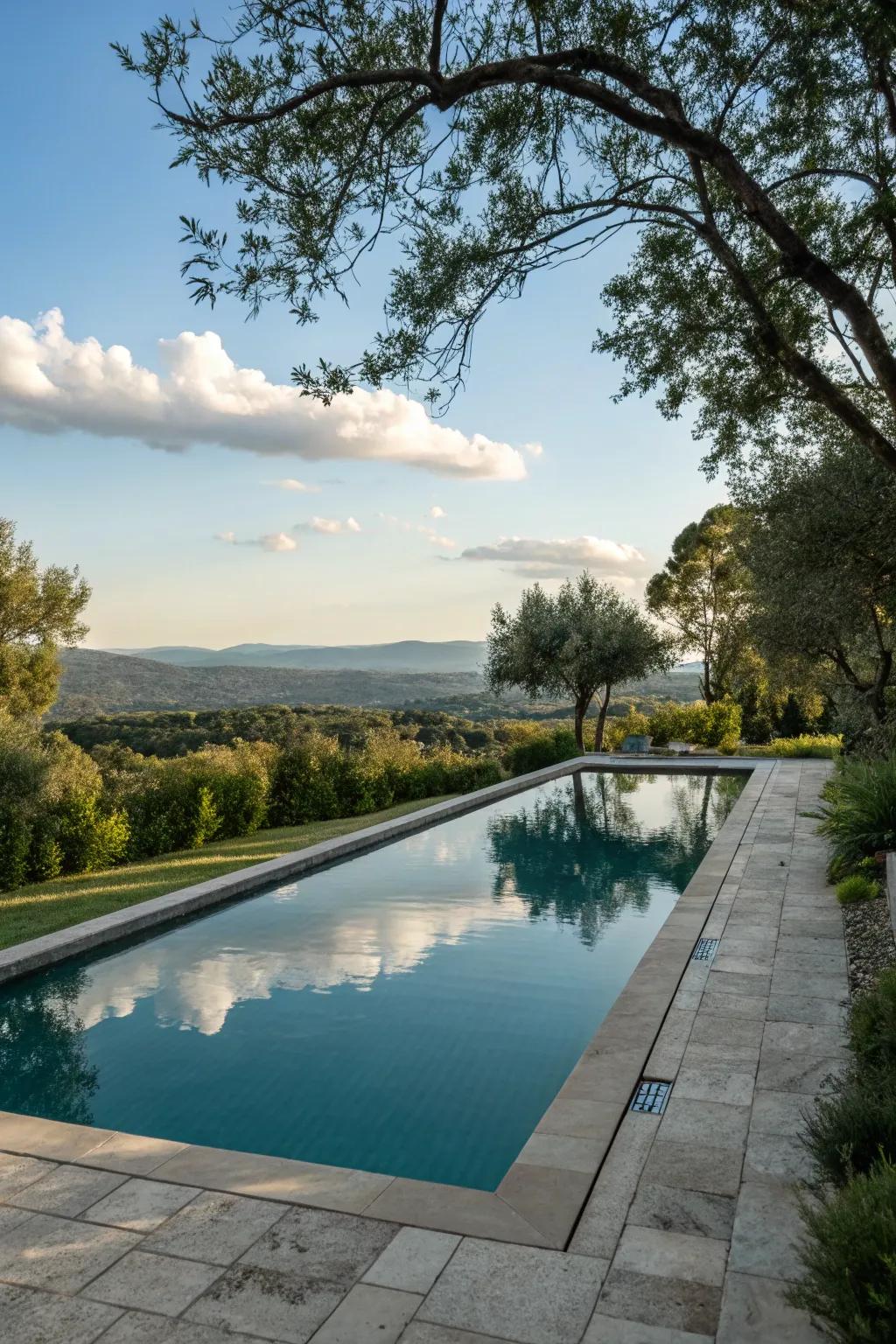 A reflective surface adds style and calm to the pool.
