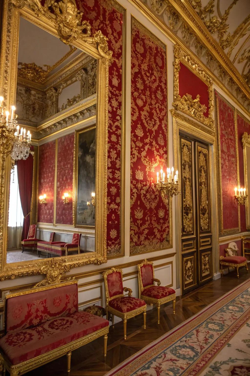 Gilded mirrors enhance the space through reflecting the embellishment.