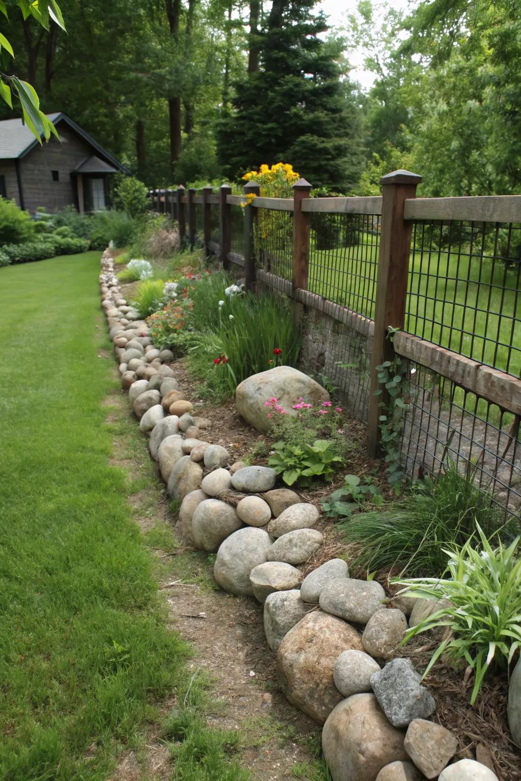Stones soften and enhance this garden’s fence line, contributing organic splendor.