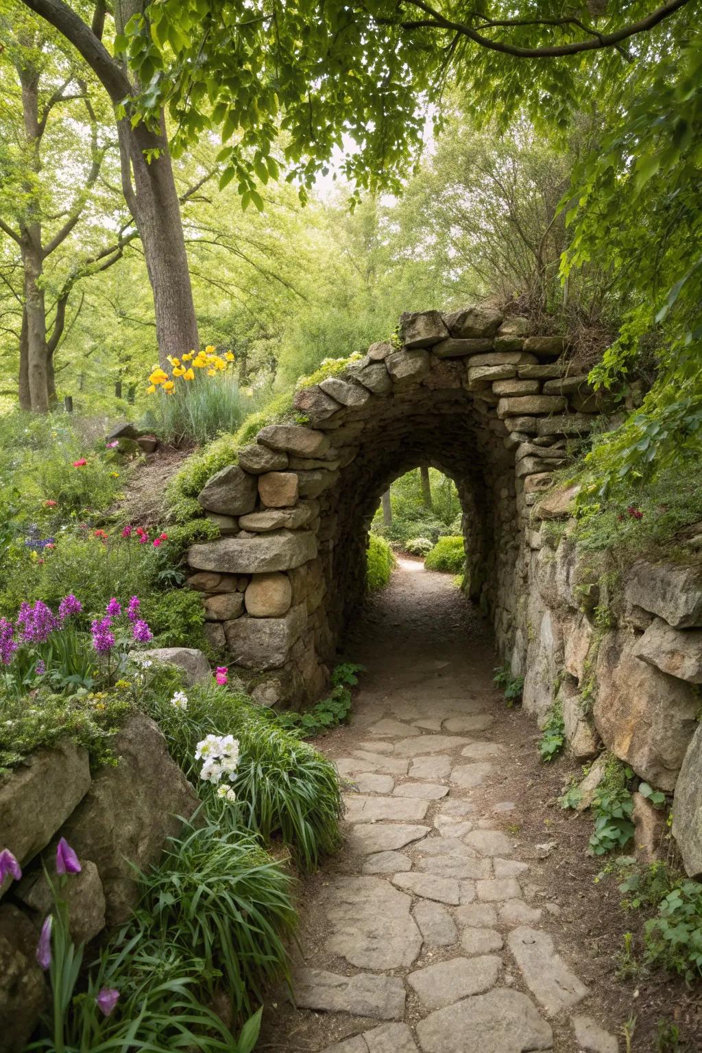 A whimsical stone tunnel pathway affixing intrigue to a garden.