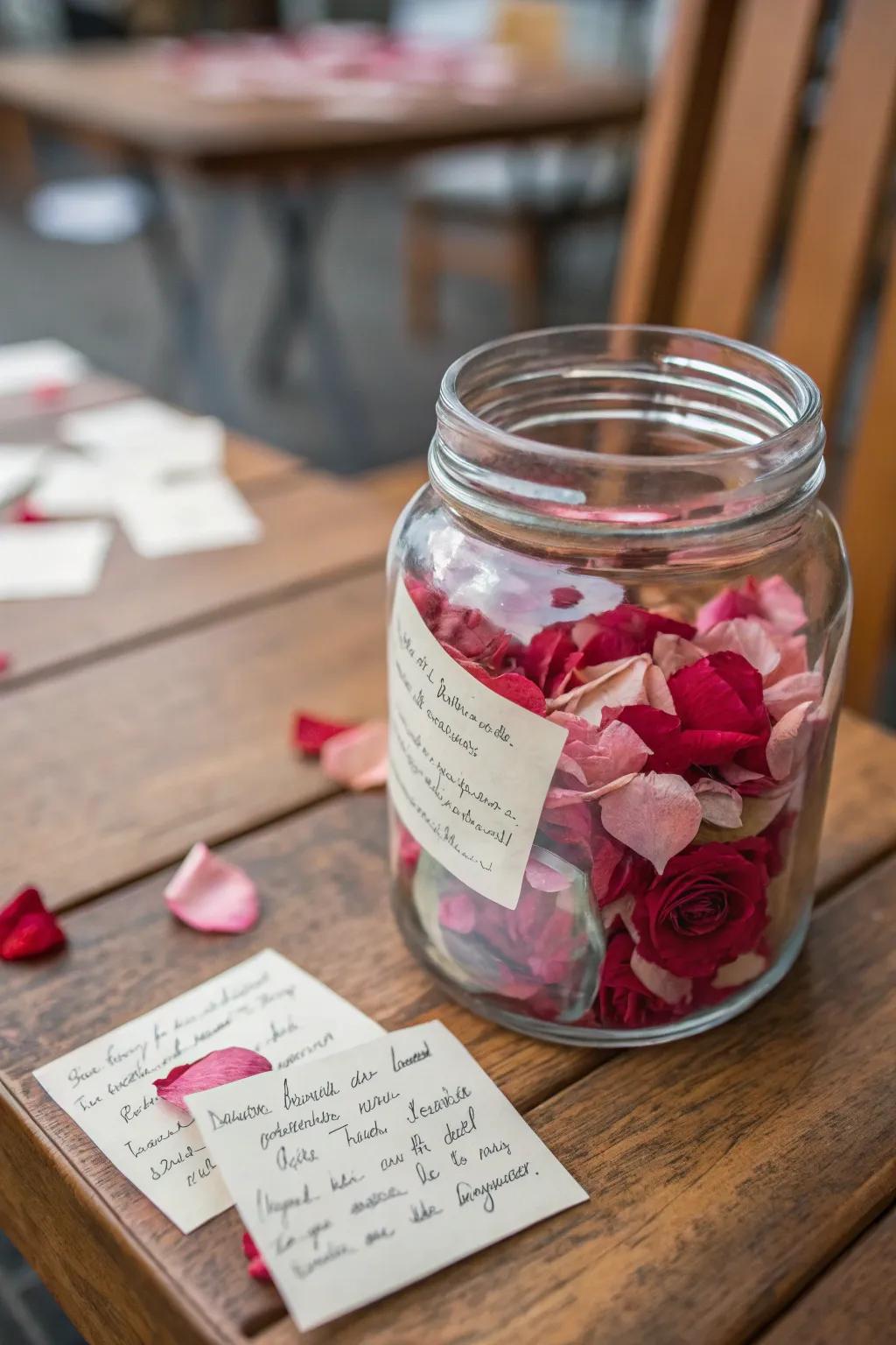 A memory container filled with floral discs and special notes