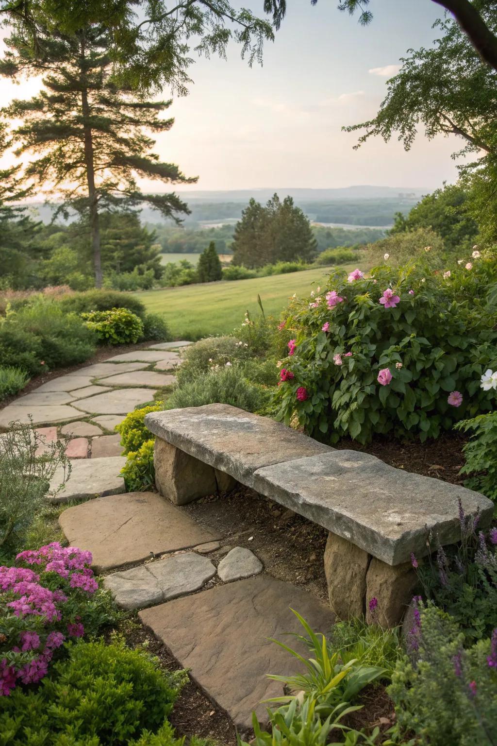 A garden seat created from natural stones, blending into its surroundings.