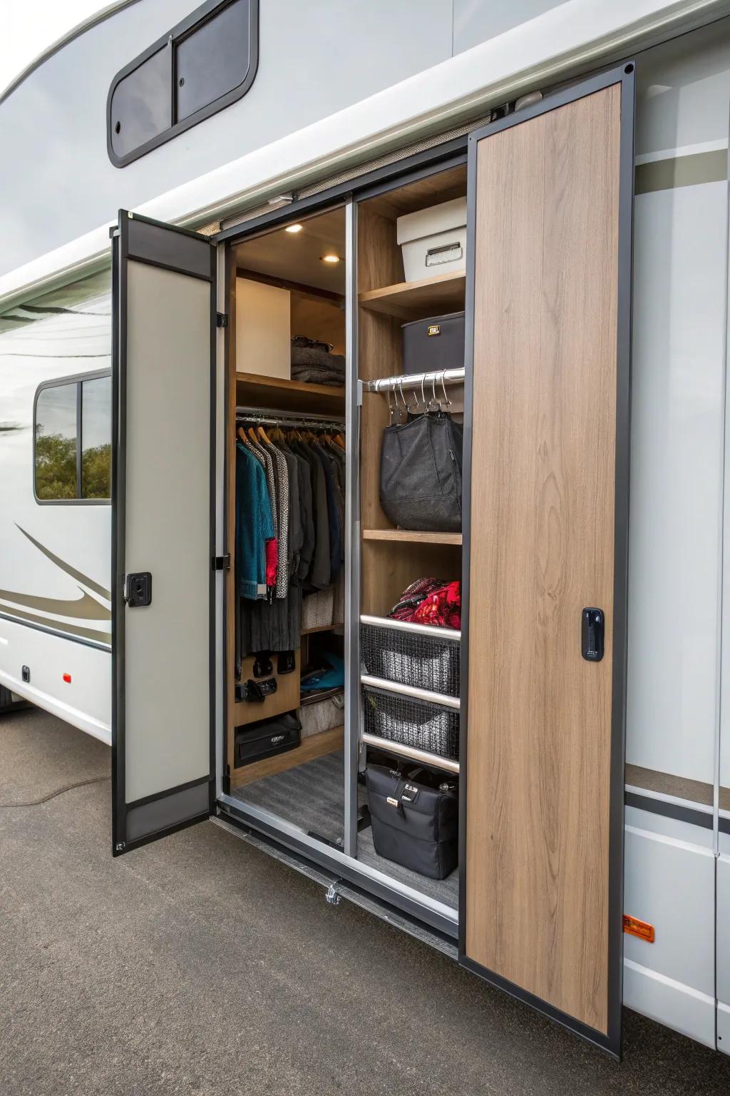 Sliding door panels offer hidden storage solutions.