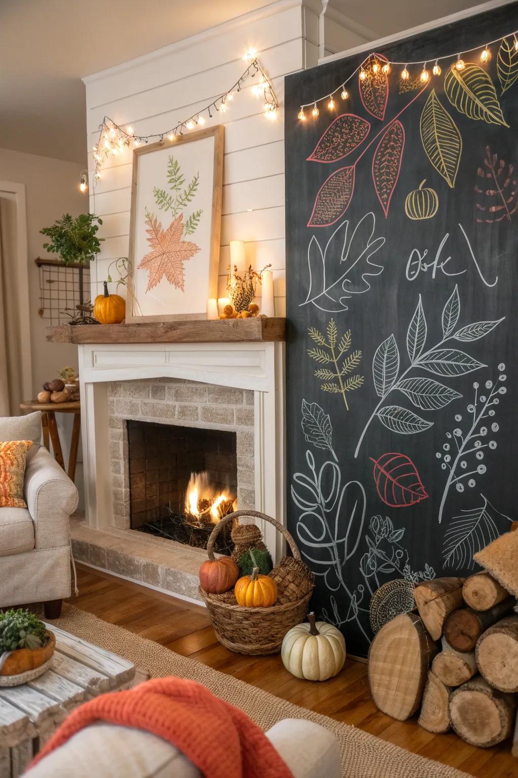 A living room fireplace surrounded by a chalkboard decorated with beautiful autumn motifs.