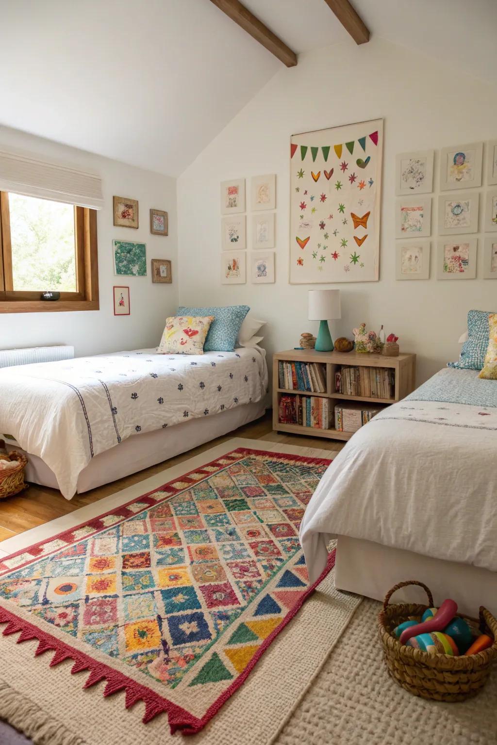 A rug serves as a simple and effective room divider.