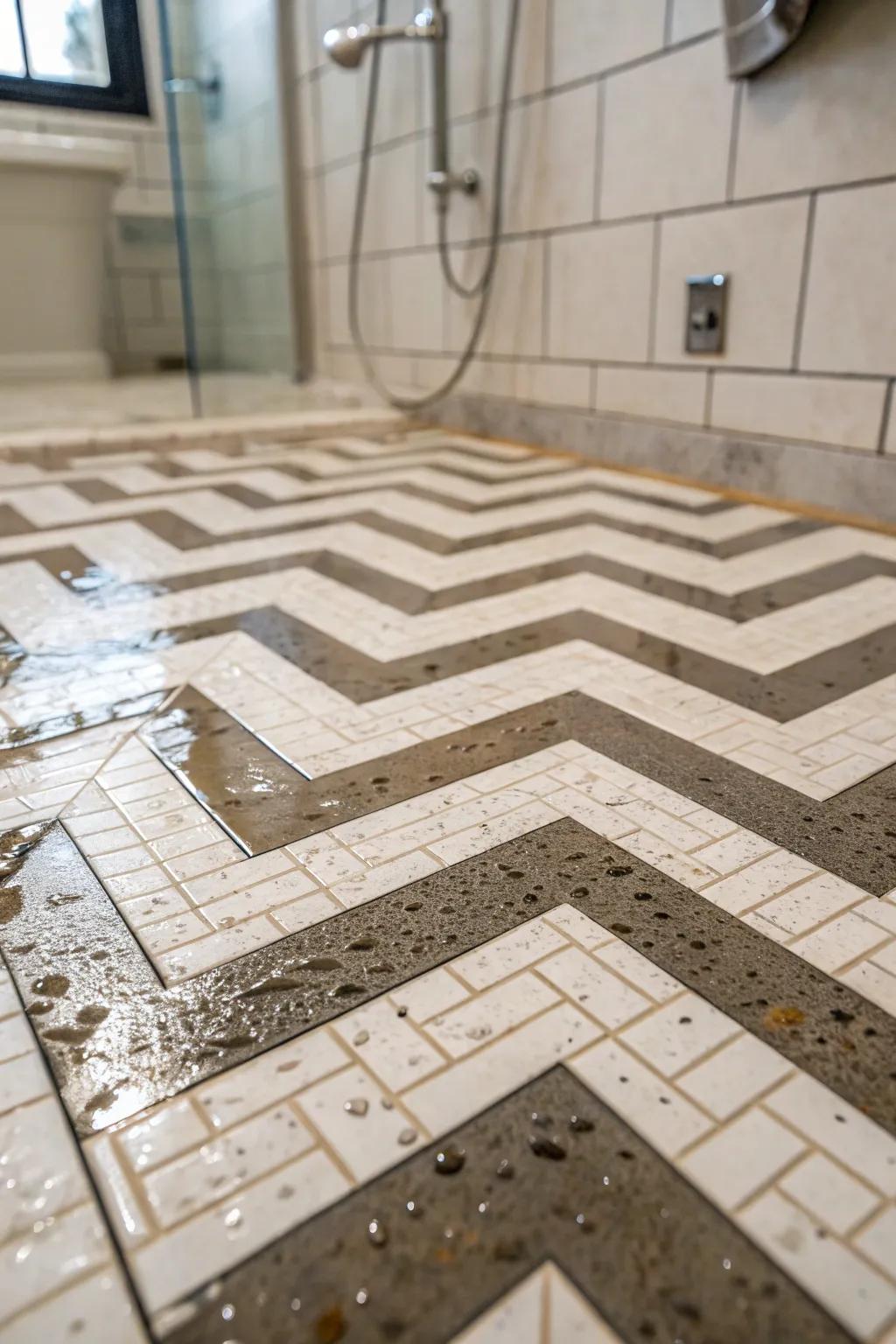 Inverted V patterns make a lively and stylish shower floor.