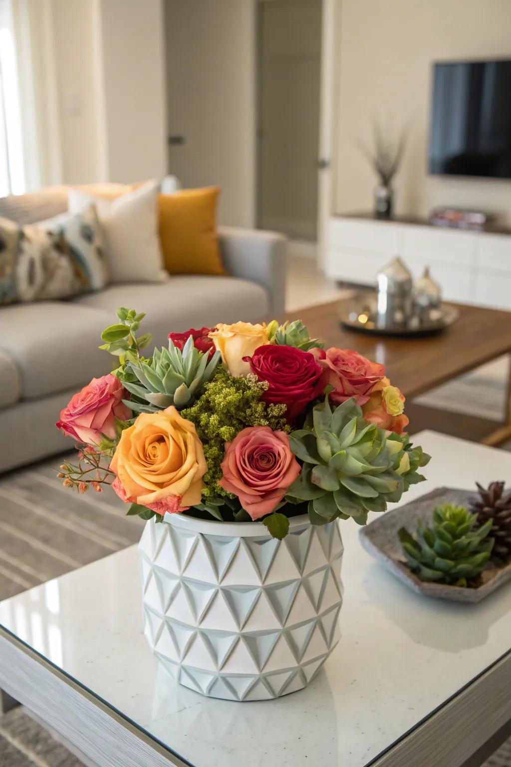 A singular combination of roses and succulents.