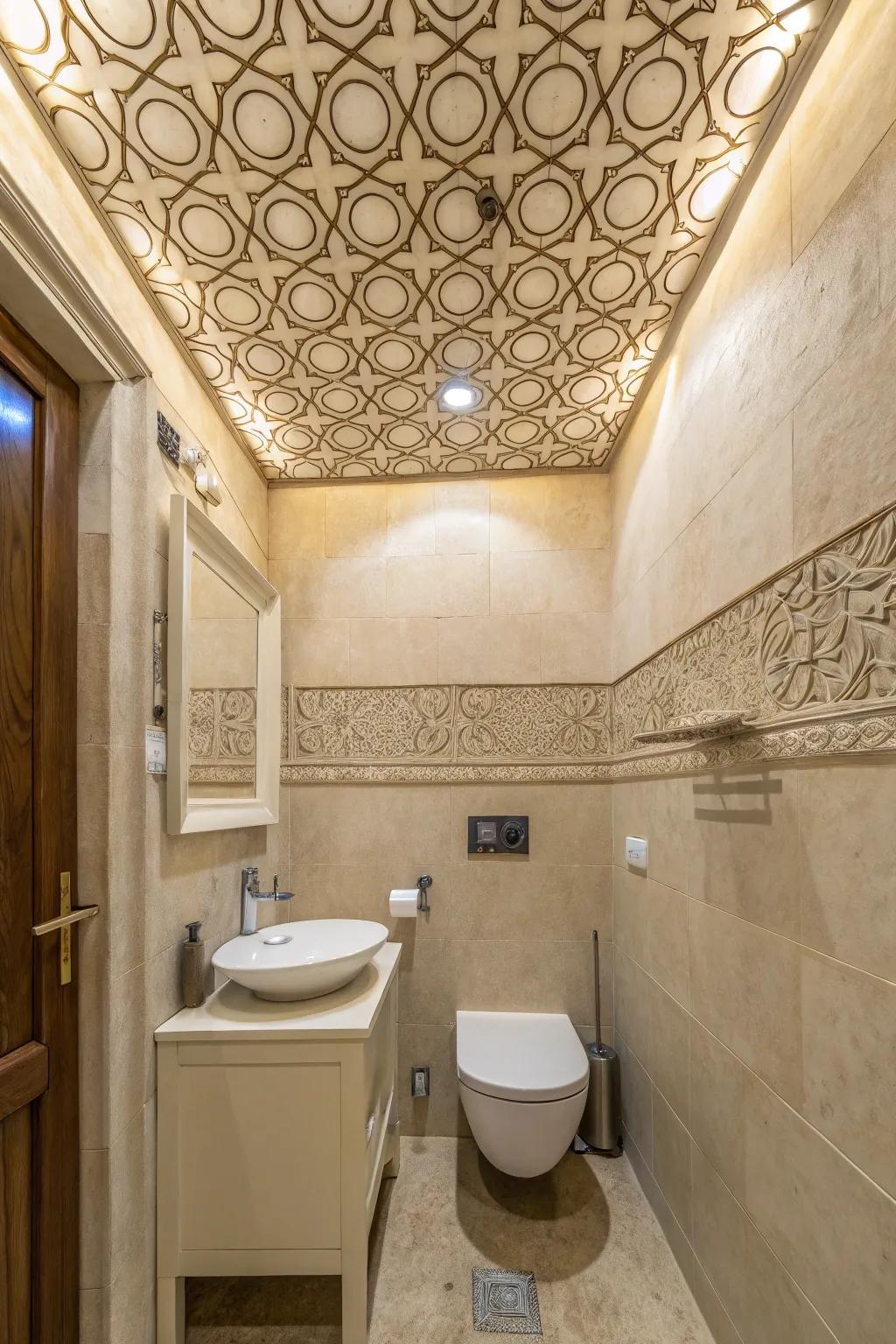 A small bathroom with a creatively designed ceiling.