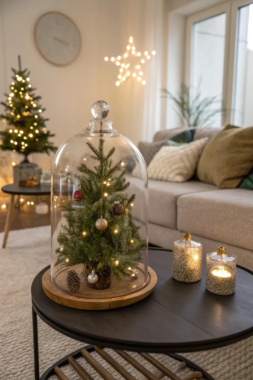 A glass display case surrounds a petite tree, crafting a whimsical winter wonderland.