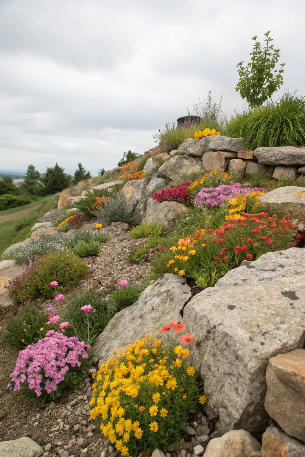 Season's flowers provide year-round beauty in this rockery.