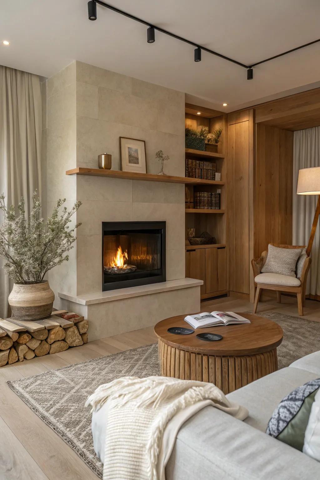 A concealed fireplace integrates flawlessly, maintaining a tidy and uncluttered look.